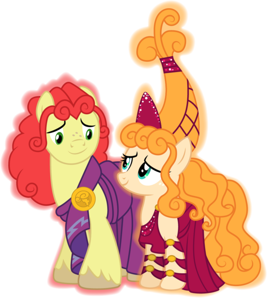 Size: 1001x1121 | Tagged: safe, artist:cloudyglow, derpibooru import, bright mac, pear butter, earth pony, pony, the perfect pear, brightbutter, clothes, clothes swap, cosplay, costume, crossover, disney, female, hera, hercules, husband and wife, looking at each other, male, shipping, simple background, smiling, straight, transparent background, vector, zeus