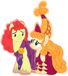 Size: 1001x1121 | Tagged: safe, artist:cloudyglow, derpibooru import, bright mac, pear butter, earth pony, pony, the perfect pear, brightbutter, clothes, clothes swap, cosplay, costume, crossover, disney, female, hera, hercules, husband and wife, looking at each other, male, shipping, simple background, smiling, straight, transparent background, vector, zeus