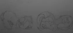 Size: 1267x576 | Tagged: artist needed, safe, derpibooru import, fluttershy, oc, oc:floor bored, earth pony, pegasus, pony, /mlp/, 4chan, floppy ears, frown, monochrome, prone, scared, shy, that pony sure is shy, traditional art
