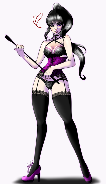 Size: 3082x5331 | Tagged: alternate hairstyle, artist:fatcakes, black underwear, bra, breasts, clothes, corset, derpibooru import, dominatrix, female, femdom, frilly underwear, garter belt, heart, high heels, human, humanized, lingerie, lipstick, looking at you, octavia melody, panties, ponytail, riding crop, shoes, simple background, smiling, socks, solo, solo female, stockings, suggestive, thigh highs, underwear