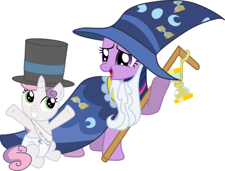 Size: 3941x3000 | Tagged: safe, artist:eagle1division, derpibooru import, sweetie belle, twilight sparkle, pony, unicorn, beard, bell, cloak, clothes, costume, diaper, duo, facial hair, fake beard, female, filly, hat, hourglass, mare, new year, old year, open mouth, raised arm, robe, sash, simple background, sitting, staff, top hat, transparent background, wizard hat