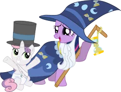 Size: 3941x3000 | Tagged: safe, artist:eagle1division, derpibooru import, sweetie belle, twilight sparkle, pony, unicorn, beard, bell, cloak, clothes, costume, diaper, duo, facial hair, fake beard, female, filly, hat, hourglass, mare, new year, old year, open mouth, raised arm, robe, sash, simple background, sitting, staff, top hat, transparent background, wizard hat