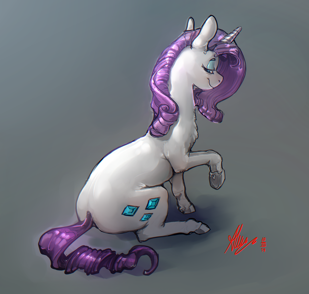 Size: 2440x2320 | Tagged: safe, artist:alumx, derpibooru import, rarity, pony, unicorn, colored hooves, eyeshadow, female, gray background, high res, lidded eyes, looking back, makeup, mare, raised hoof, realistic horse legs, rear view, simple background, sitting, smiling, solo