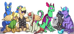 Size: 1024x473 | Tagged: safe, artist:anonymous-potayto, derpibooru import, oc, oc:cloudy day, oc:high note, oc:magic mike, oc:night rain, oc:rave rush, oc:sting, oc:striped sweater, oc:turtle neck, unofficial characters only, changedling, changeling, earth pony, pegasus, pony, unicorn, changeling oc, colt, digital art, female, interspecies offspring, magical gay spawn, magical lesbian spawn, male, mare, next generation, offspring, parent:derpy hooves, parent:neon lights, parent:octavia melody, parent:soarin', parent:spike, parent:starlight glimmer, parent:thorax, parent:thunderlane, parent:tree hugger, parent:trenderhoof, parent:trixie, parent:vinyl scratch, parents:soarilane, parents:startrix, parents:thoraxspike, parents:trenderpy, parents:vinylights, stallion, sunglasses, tongue out