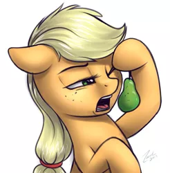 Size: 1017x1032 | Tagged: safe, artist:deltauraart, derpibooru import, applejack, earth pony, pony, blasphemy, female, food, fruit heresy, mare, open mouth, pear, pearesy, simple background, solo, white background