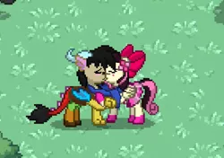 Size: 8598x6047 | Tagged: safe, derpibooru import, edit, discord, oc, pony, pony town, absurd resolution, canon x oc, cute, girlfriend, holding hooves, kissing, romance, scarf cuddles, shipping