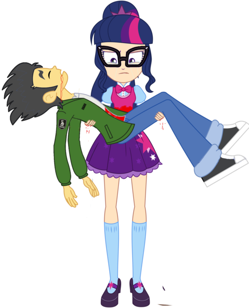 Size: 1600x1976 | Tagged: semi-grimdark, derpibooru import, edit, flash sentry, sci-twi, twilight sparkle, equestria girls, blood, crying, female, flashlight, human coloration, lincoln clay, mafia iii, male, sciflash, shipping, simple background, straight, transparent background