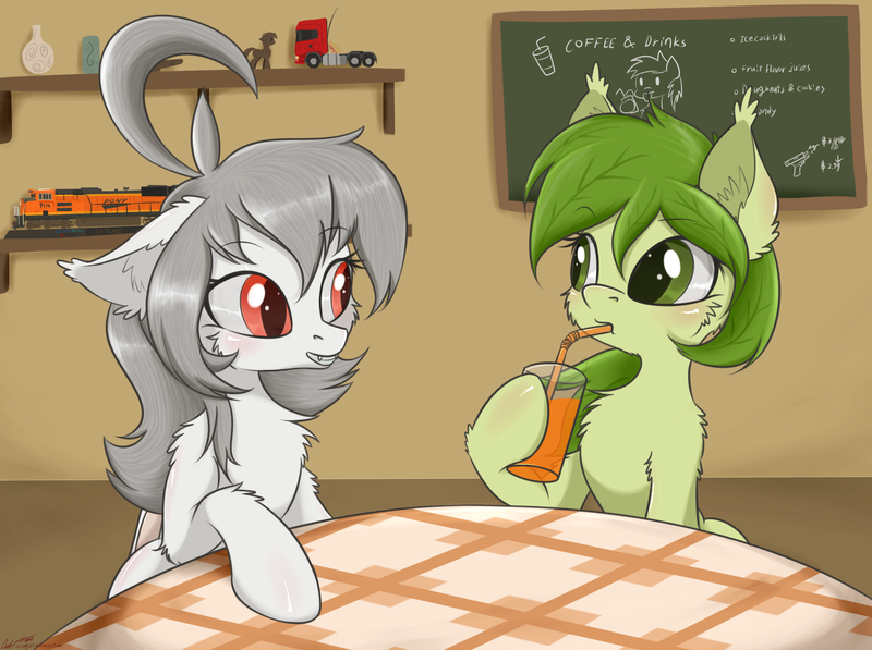 Size: 2600x1941 | Tagged: safe, artist:orang111, derpibooru import, oc, oc:flower, oc:lai chi, unofficial characters only, bat pony, pony, bat pony oc, cafe, chalkboard, drink, emd, glock, gun, handgun, model train, pistol, pottery, rc car, scania, sd70ace, straw, table, truck, weapon