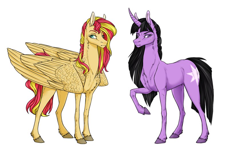 Size: 800x519 | Tagged: safe, artist:dementra369, derpibooru import, sunset shimmer, twilight sparkle, pegasus, pony, unicorn, alternate color palette, alternate cutie mark, alternate design, black mane, curved horn, duo, duo female, female, pegasus sunset shimmer, race swap, raised hoof, realistic horse legs, scar, unicorn twilight, unshorn fetlocks