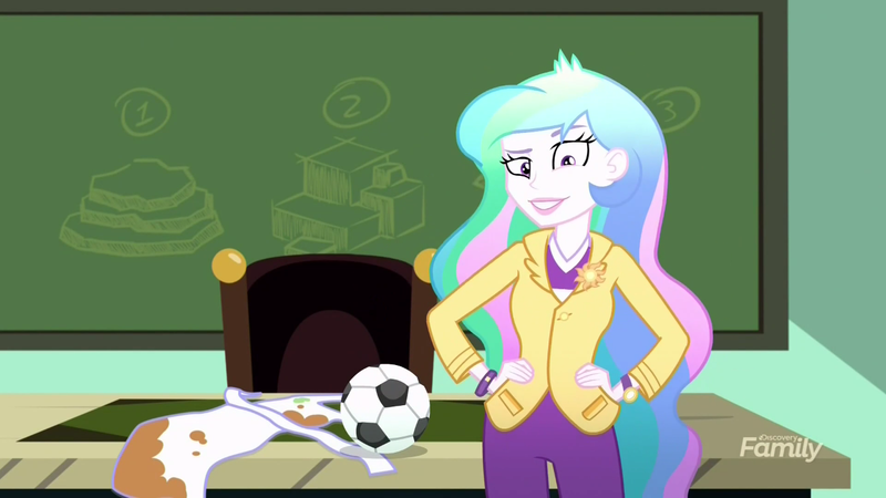 Size: 1280x720 | Tagged: safe, derpibooru import, screencap, princess celestia, eqg summertime shorts, equestria girls, subs rock, apron, clothes, football, principal celestia