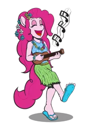 Size: 752x1109 | Tagged: safe, artist:regularmouseboy, derpibooru import, pinkie pie, anthro, plantigrade anthro, equestria girls, rainbow rocks, shake your tail, clothes, cute, diapinkes, eyes closed, feet, flip-flops, flower, flower in hair, flower necklace, grass skirt, happy, hopping, hula, hulapie, laughing, lei, music notes, open mouth, ponk, sandals, simple background, skirt, solo, transparent background, ukulele