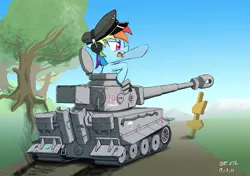 Size: 2953x2079 | Tagged: safe, artist:satv12, derpibooru import, rainbow dash, pegasus, pony, female, hat, hatch, headphones, mare, peaked cap, pixiv, solo, tank (vehicle), tiger (tank), vehicle, weapon, world war ii