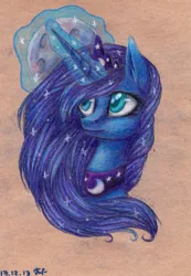 Size: 2357x3408 | Tagged: safe, artist:0okami-0ni, derpibooru import, princess luna, pony, bust, high res, magic, moon, portrait, solo, traditional art