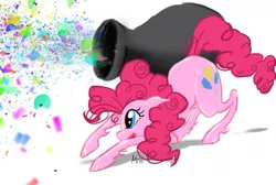 Size: 749x503 | Tagged: safe, artist:m0on13aby, derpibooru import, pinkie pie, earth pony, pony, cannon, confetti, female, happy, mare, simple background, solo, white background