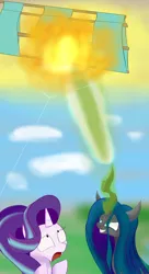Size: 3000x5500 | Tagged: safe, artist:huffy26, derpibooru import, queen chrysalis, starlight glimmer, changeling, pony, unicorn, burning, chrysalis sure does hate starlight, evil, evil grin, evil is petty, grin, kite, kite flying, magic, moral event horizon, pure unfiltered evil, revenge, smiling, that pony sure does love kites, you monster