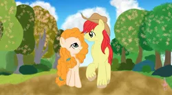 Size: 1362x757 | Tagged: safe, artist:silversthreads, derpibooru import, bright mac, pear butter, earth pony, pony, the perfect pear, apple tree, blossoms, brightbutter, female, looking at each other, loving gaze, male, mare, pear tree, shipping, stallion, straight, tree, unshorn fetlocks