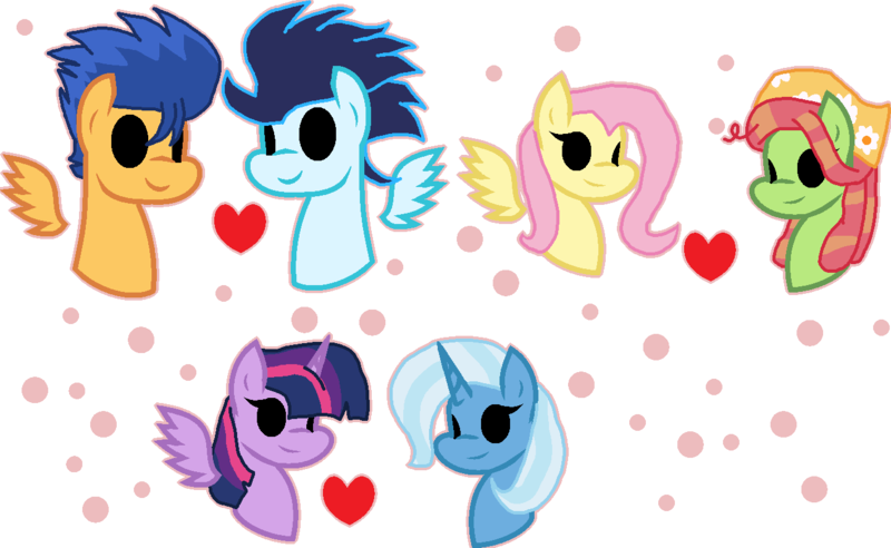 Size: 1352x832 | Tagged: safe, artist:moonlight1467, derpibooru import, flash sentry, fluttershy, tree hugger, trixie, twilight sparkle, twilight sparkle (alicorn), alicorn, pony, female, flutterhugger, gay, heart, lesbian, male, pride, shipping, simple background, soarinsentry, twixie, white background