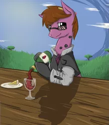 Size: 969x1108 | Tagged: safe, artist:violentdreamsofmine, derpibooru import, oc, oc:fine wine, unofficial characters only, earth pony, pony, alcohol, cheese, clothes, dish, food, glass, glasses, male, solo, stallion, wine, wine glass