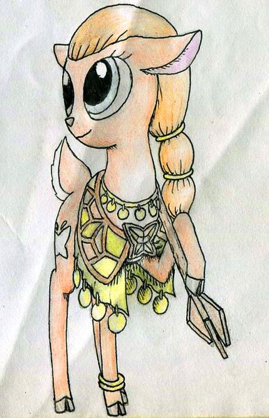 Size: 480x746 | Tagged: safe, artist:smt5015, derpibooru import, deer, pony, aiushtha, aiushtha the enchantress, clothes, cloven hooves, deerified, doe, dota 2, leg rings, short tail, smiling, solo, traditional art, weapon