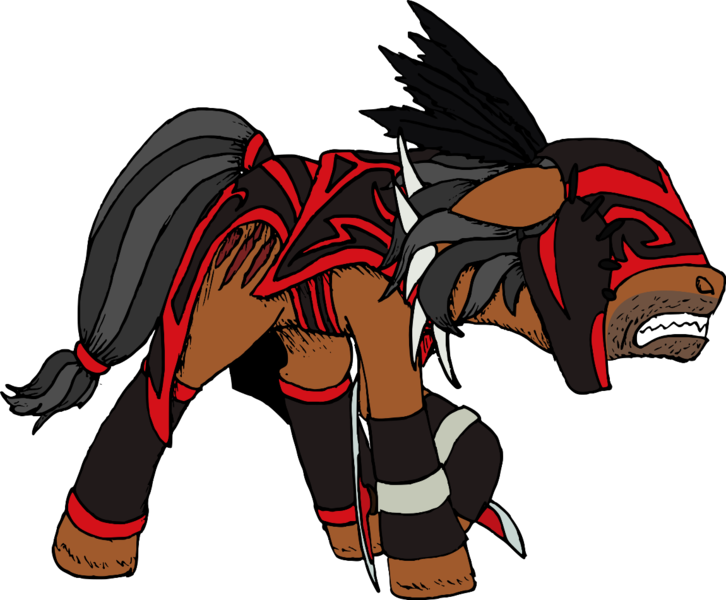 Size: 1150x950 | Tagged: safe, artist:smt5015, derpibooru import, ponified, pony, better quality, bloodseeker, detailed, dota 2, hoof blades, simple background, strygvir, teeth grinding, transparent background, tribalism, unshorn fetlocks