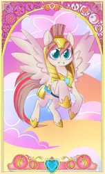 Size: 620x1021 | Tagged: safe, artist:dinkelion, derpibooru import, angel wings, pegasus, pony, armor, cloud, cloudy, colored pupils, flying, helmet, royal guard, sky, smiling, solo