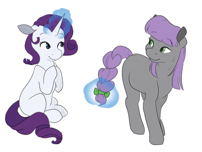 Size: 2246x1694 | Tagged: safe, artist:rue-willings, derpibooru import, maud pie, rarity, earth pony, pony, unicorn, braided tail, female, lesbian, magic, mare, missing cutie mark, rarimaud, shipping, simple background, white background