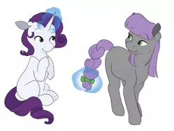 Size: 2246x1694 | Tagged: safe, artist:rue-willings, derpibooru import, maud pie, rarity, earth pony, pony, unicorn, braided tail, female, lesbian, magic, mare, missing cutie mark, rarimaud, shipping, simple background, white background