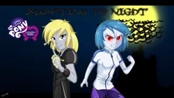 Size: 2560x1440 | Tagged: safe, artist:ngrycritic, derpibooru import, derpy hooves, vinyl scratch, bat, vampire, comic:adapting to night, equestria girls, clothes, electricity, epic derpy, fangs, full moon, hamon, i can't believe it's not uotapo, jojo's bizarre adventure, leggings, looking at you, moon, red eyes, style emulation, uotapo-ish