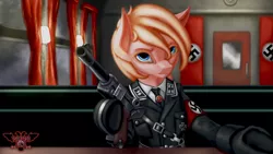 Size: 3840x2160 | Tagged: safe, artist:tsaritsaluna, derpibooru import, oc, oc:aryanne, ponified, unofficial characters only, pony, clothes, curtains, door, flag, gloves, gun, handgun, lamp, looking at you, luger, nazi, necktie, pistol, schutzstaffel, smiling, smirk, solo, swastika, uniform, weapon, wolfenstein, wolfenstein the new order