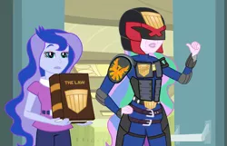 Size: 950x612 | Tagged: safe, artist:pixelkitties, derpibooru import, princess celestia, princess luna, phoenix, equestria girls, armor, badge, book, canterlot high, clothes, costume, duo, female, helmet, i am the law, implied principal cinch, judge dredd, judge dreddlestia, parody, principal celestia, symbol, the law, vice principal luna, we couldn't fit it all in, welcome princess celest