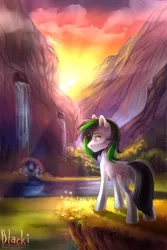 Size: 1000x1500 | Tagged: safe, artist:blacki, derpibooru import, oc, oc:trance sequence, unofficial characters only, earth pony, pony, cloud, commission, flower, grass, looking at you, looking back, mountain, rainbow, river, scenery, solo, standing, sun, water