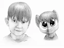 Size: 3232x2424 | Tagged: safe, artist:stallionslaughter, derpibooru import, ponified, human, pony, bust, child, colt, grayscale, male, monochrome, pencil drawing, portrait, simple background, smiling, traditional art, uncanny valley, white background