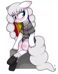 Size: 1018x1278 | Tagged: safe, artist:starrcoma, derpibooru import, oc, unofficial characters only, earth pony, pony, blushing, clothes, female, heterochromia, looking away, mare, shy, simple background, sitting, socks, solo, white background