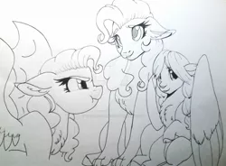 Size: 1024x754 | Tagged: safe, artist:evergreen-gemdust, derpibooru import, oc, oc:capern, unofficial characters only, draconequus, hybrid, pony, yakony, black and white, female, grayscale, mare, monochrome, mother and daughter, offspring, parent:pinkie pie, parent:prince rutherford, parents:pinkieford, sketch, species swap, traditional art, trio, watermark