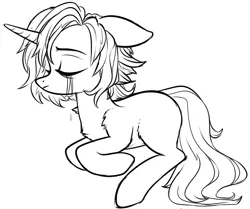 Size: 1110x926 | Tagged: safe, artist:starrcoma, derpibooru import, oc, unofficial characters only, pony, unicorn, black and white, chest fluff, crying, eyes closed, grayscale, lineart, monochrome, prone, shoulder fluff, simple background, solo, white background