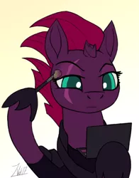 Size: 600x764 | Tagged: safe, artist:zoarvek, derpibooru import, tempest shadow, unicorn, my little pony: the movie, armor, broken horn, brush, cute, eye scar, eyeshadow, female, hoof hold, makeover, makeup, mare, out of character, pretty pony, pretty pretty tempest, pun, scar, simple background, solo, tempestbetes, white background