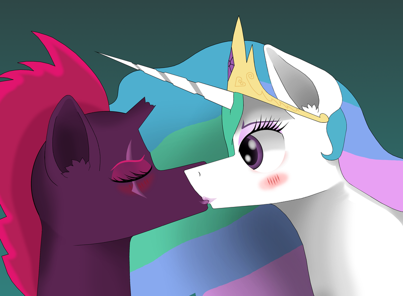 Size: 3400x2500 | Tagged: suggestive, artist:zeronitroman, derpibooru import, fizzlepop berrytwist, princess celestia, tempest shadow, alicorn, unicorn, my little pony: the movie, blushing, broken horn, eye scar, eyeshadow, female, french kiss, kissing, lesbian, lipstick, makeup, mare, scar, shipping, tempestia