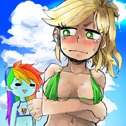 Size: 1200x1200 | Tagged: absolute cleavage, applejack, artist:kogarasumaru24, belly button, bikini, blushing, blush sticker, breasts, cleavage, clothes, cloud, cloudy, crossed arms, cutie mark, delicious flat chest, derpibooru import, freckles, human, human coloration, humanized, implied appledash, implied lesbian, implied shipping, midriff, pony coloring, rainbow dash, rainbow flat, raised eyebrow, smiling, suggestive, sun, sweat, swimsuit