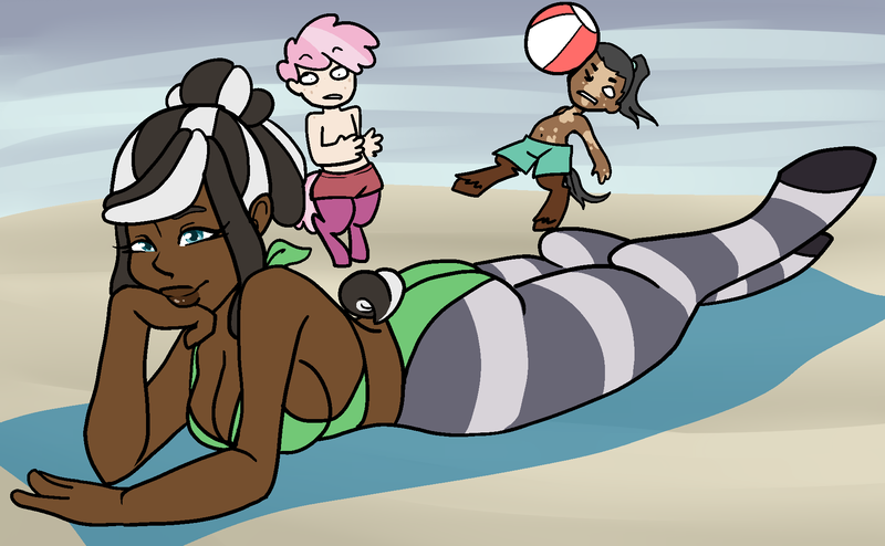 Size: 1830x1131 | Tagged: artist:/d/non, beach, beach ball, bikini, clothes, derpibooru import, female, male, oc, oc:abacus, oc:asha, oc:warren, parent:cheerilee, parent:troubleshoes clyde, parent:zecora, safe, satyr, swimsuit, unofficial characters only