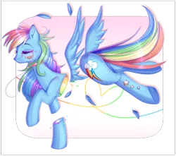 Size: 1620x1430 | Tagged: semi-grimdark, artist:clefficia, derpibooru import, rainbow dash, pegasus, pony, candy gore, crying, decapitated, eyes closed, female, half, headless, mare, severed head, smiling, solo, stitches