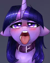 Size: 2255x2808 | Tagged: suggestive, artist:duop-qoub, derpibooru import, twilight sparkle, alicorn, pony, descended twilight, bedroom eyes, blushing, cheek fluff, chest fluff, collar, colored pupils, female, femsub, gray background, human teeth, implied human on pony action, implied interspecies, lidded eyes, magic suppression, mare, maw, mawshot, open mouth, pet, pet play, pony pet, simple background, solo, solo female, submissive, tongue out