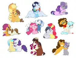 Size: 5200x3954 | Tagged: safe, artist:marukouhai, derpibooru import, apple bloom, applejack, caramel, cheese sandwich, cherry jubilee, coco pommel, featherweight, ivory, ivory rook, maud pie, pinkie pie, pokey pierce, rainbow dash, rarity, rumble, scootaloo, soarin', starlight glimmer, trouble shoes, earth pony, pegasus, pony, unicorn, carajack, cheesecoco, cherryshoes, chibi, confetti, cowboy hat, curved horn, engrish, engrish in the description, female, glasses, hat, heart, high res, hug, ivority, lesbian, male, maudwich, older, pokeypie, prone, rumbloom, scootaweight, shipping, simple background, sitting, soarindash, starmaud, story included, straight, wall of tags, white background