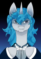 Size: 2828x4000 | Tagged: artist needed, safe, derpibooru import, oc, oc:gear pulse, unofficial characters only, pony, unicorn, bowtie, clothes, gradient background, male, smiling, smirk, solo, suit