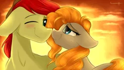 Size: 1024x576 | Tagged: safe, artist:lcpegasister75, derpibooru import, bright mac, pear butter, earth pony, pony, the perfect pear, brightbutter, female, floppy ears, freckles, male, mare, one eye closed, shipping, smiling, stallion, straight