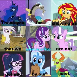 Size: 750x750 | Tagged: safe, derpibooru import, diamond tiara, discord, gilda, princess luna, sci-twi, starlight glimmer, sunset shimmer, thorax, trixie, twilight sparkle, changedling, changeling, gryphon, equestria girls, cute, drama, good end, king thorax, meme, not you, reformed, starlight drama, starlight drama drama, subverted meme, zig-zagged meme