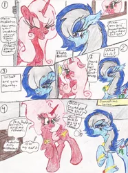 Size: 1584x2124 | Tagged: safe, derpibooru import, oc, oc:mistletoe, oc:rossa, unofficial characters only, alicorn, pegasus, pony, alicorn oc, angry, colored pencil drawing, comic, desk, dialogue, envelope, gritted teeth, hair over one eye, hoof on chest, inner thoughts, magic, messy colouring, raised hoof, smiling, talking, telekinesis, thought bubble, traditional art, visible breath, yelling