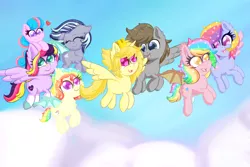 Size: 3000x2000 | Tagged: safe, artist:luciusheart, derpibooru import, oc, oc:digital dusk, oc:glittering cloud, oc:lucy softheart, oc:nova starburst, oc:paper stars, oc:prince lionel, oc:rain, unofficial characters only, alicorn, bat pony, earth pony, pegasus, pony, unicorn, amputee, bandage, cute, female, filly, flight, missing limb, stump, weapons-grade cute