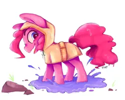 Size: 1280x1024 | Tagged: artist:dino_horse, chibi, cute, derpibooru import, diapinkes, pinkie pie, puddle, raincoat, safe, smol, solo, water