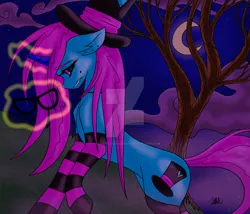 Size: 1024x878 | Tagged: safe, artist:katkathasahathat, derpibooru import, oc, oc:ryn, unofficial characters only, demon, pony, unicorn, bowtie, clothes, cloud, dead tree, ear piercing, fog, glasses, hat, magic, moon, night, piercing, socks, solo, striped socks, top hat, tree