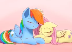 Size: 2480x1803 | Tagged: safe, artist:j24262756, derpibooru import, fluttershy, rainbow dash, pegasus, pony, cute, dashabetes, female, floppy ears, flutterdash, lesbian, mare, shipping, shyabetes, sleeping, smiling